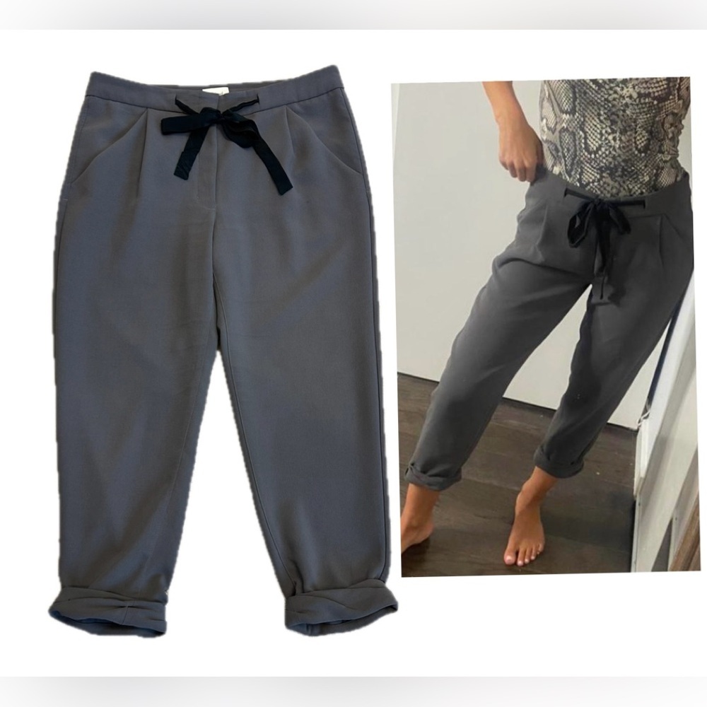 Aritzia Wilfred Allant cropped pants in gray with a black ribbon tie Sz 8